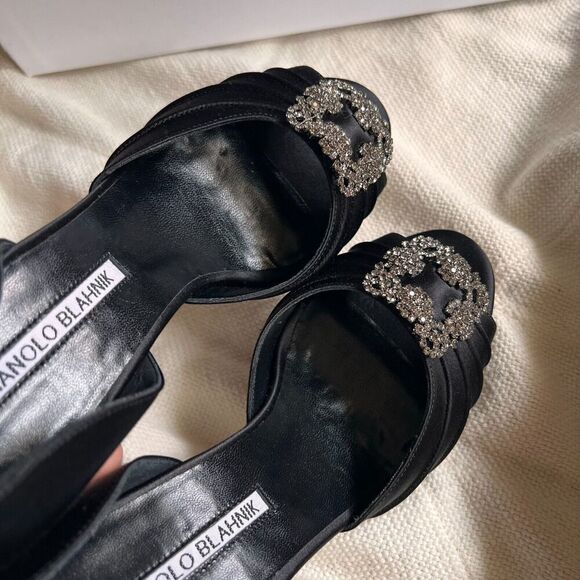 Manolo Blahnik Cassiado d'Orsay Crystal Pump Open Toe 90 mm Black Satin 36 NEW - Picture 9 of 13